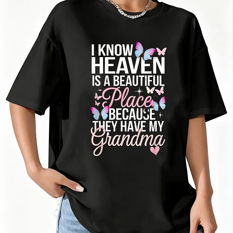 The Soul of Every Family Grandma Is My Guardian Angel Women's T-Shirt 100% Cotton Fun Print Short Sleeve Top Casual Round Neck Tee S-5Xl