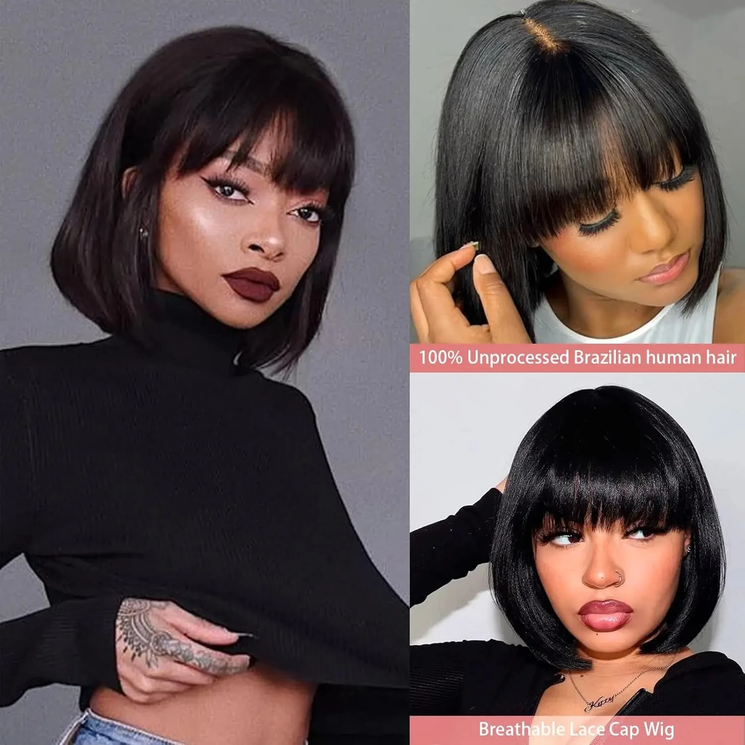 100% Human Hair Natural Black Put On and Go Realistic Glueless Transparent Yaki Straight Bob with Bangs Minimalist 3x1 Lace Wig