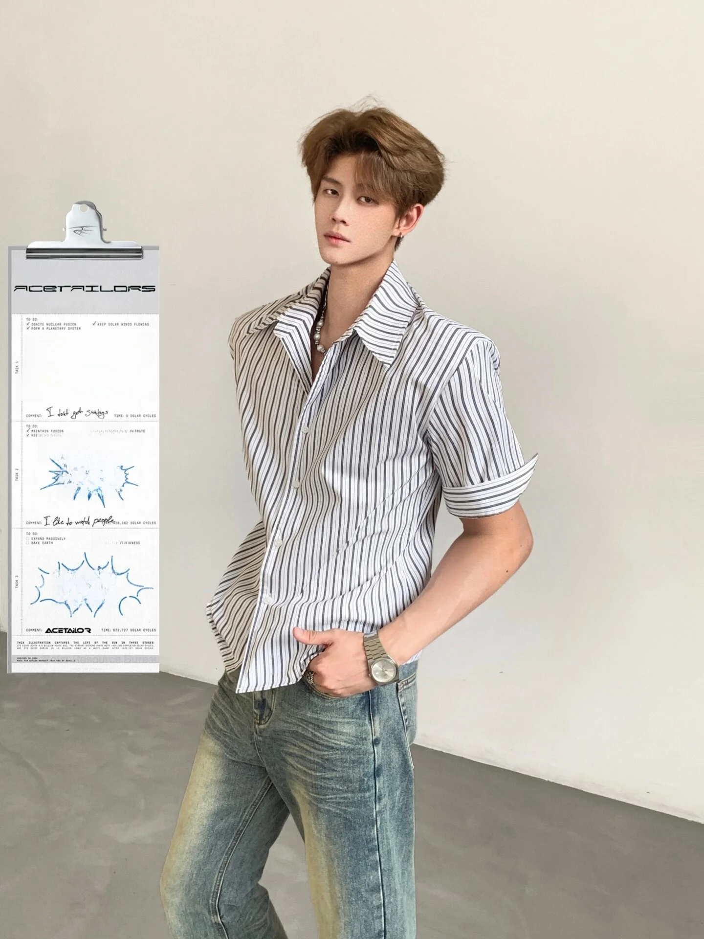 Ace Vintage Cleanfit Striped Shirt Men's Gentleman Loose Waist Design Iron-Free Shirt Fashionable Urban Style Short Sleeve