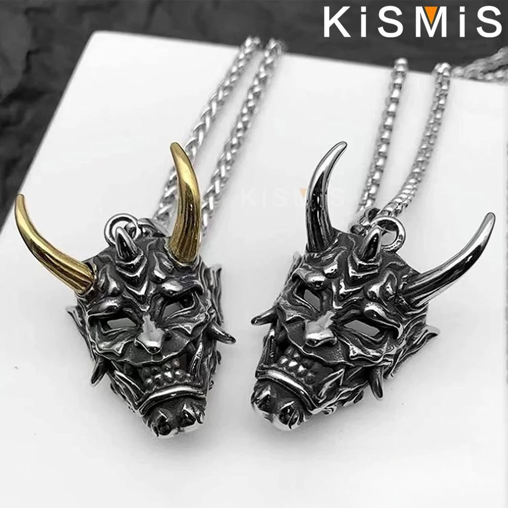 KISMIS 1PC Men's Evil Demon Horn Skull Pendant Necklace Vintage Gothic Punk Stainless Steel Jewelry