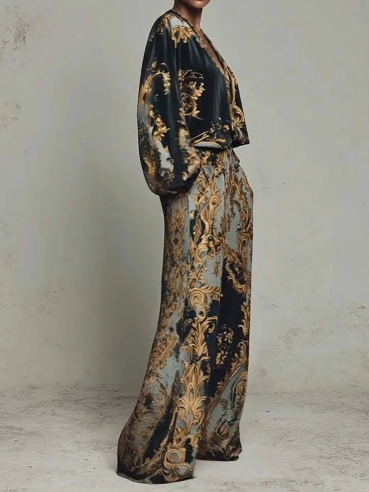 Femme Long Sleeve V Neck Top 2PC Pants Suit Elegant Women Velvet Patchwork Print Casual Tracksuits 2026 Spring Autumn Pants Suit