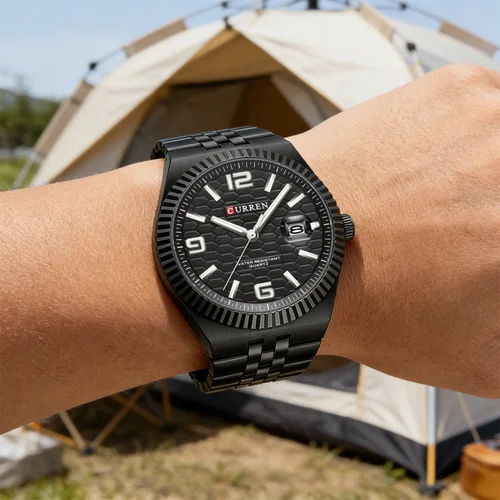 Imagen 2 del producto Reloj CURREN de cuarzo negro clásico Original de alta calidad con manecillas luminosas banda de acero inoxidable fecha automática para hombres