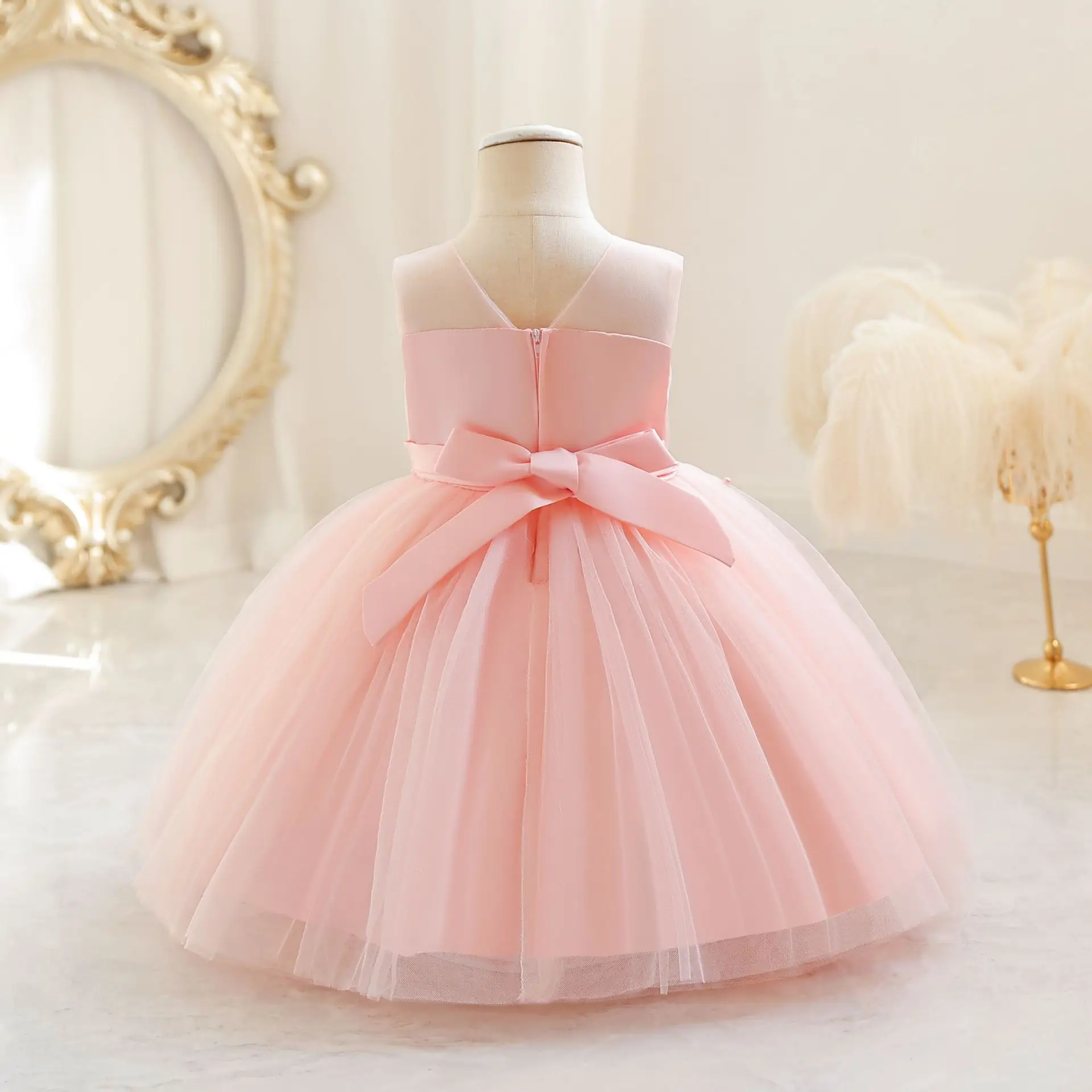 Beading Girl Princess Dresses Peach Tulle Baby Girl One-piece Gown Sleeveless Lace Wedding Kids Clothing For 1-5 Years Birthday