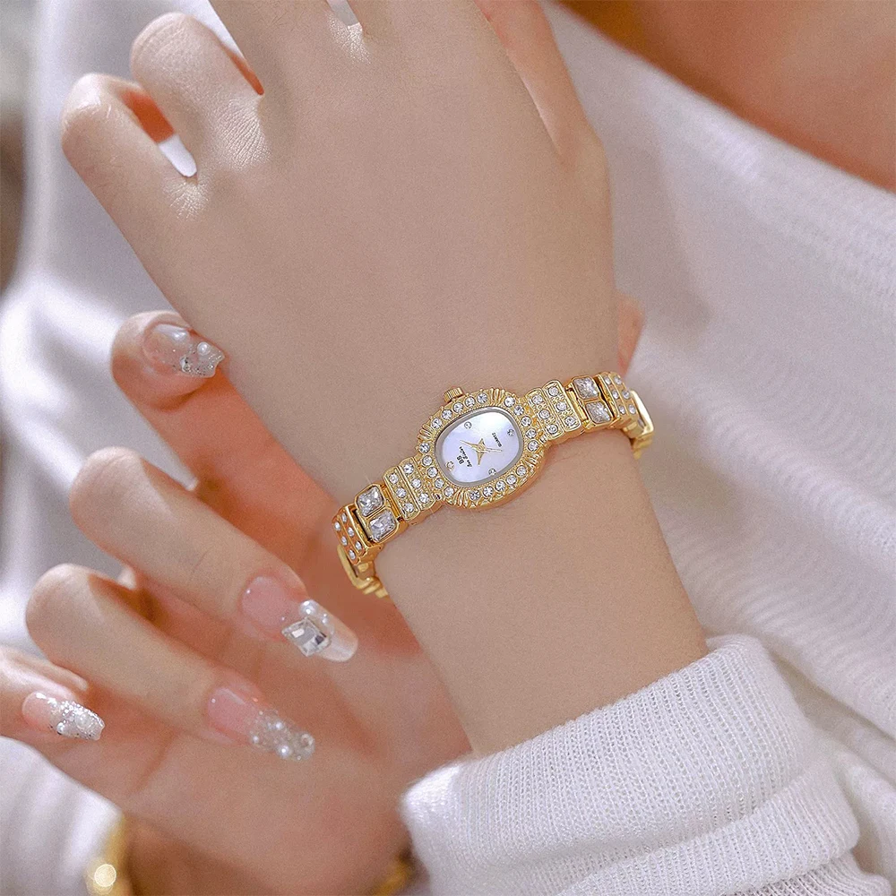 BS ビーシスター高級ヴィンテージ天然宝石ダイヤモンドチェーン女性用腕時計 エレガントファッションカジュアルクォーツレディース腕時計 新品