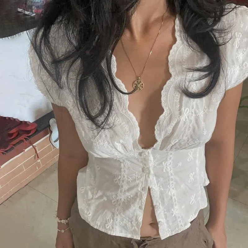 

Pure Color Lace Splice Knot Slim Fit ort Sve Button up irt T irt New Cross Border Refreing Sle V Ne