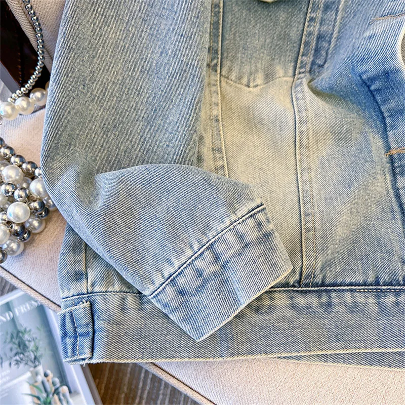 레이스 레이스업 버튼 장식 연한 파란색 짧은 데님 재킷 루즈 라펠 싱글 브레스티드 긴 소매 가을 여성용 청재킷
