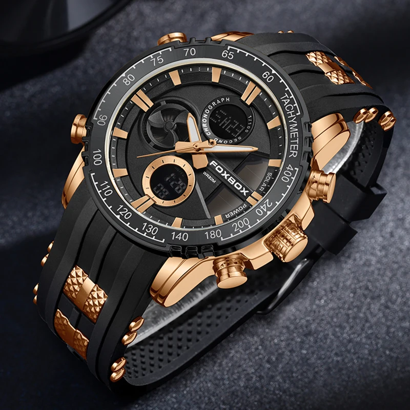 FOXBOX Watches Men New Fashion Sports Quartz Dual Display Digital Chronograph Wristwatches Waterproof Male Relogio Masculino