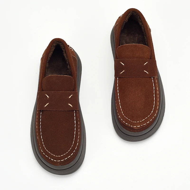 جلد المرأة المتسكعون قصيرة أفخم أحذية منصة الخريف الدافئة الانزلاق على الصوف الشقق جولة تو أحذية امرأة مريحة الأحذية #3