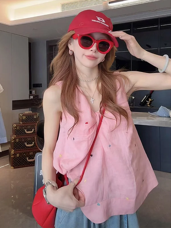 

Sweet Pink Heart V-neck Sleeveless Vest Women's Loose Stylish Top Korean Style Casual Polyester Fiber Summer New Arrival