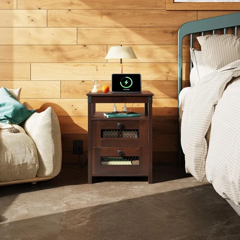 Table with Charging Station, Farmhouse End Table, Bed Side Table with 2 Mesh Drawers Storage & Open Shelf, Rustic Woo