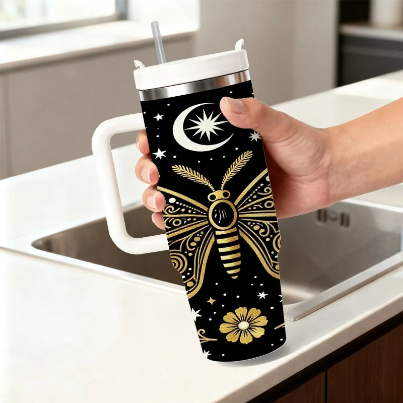 Stylized Golden Butterfly & Celestial Pattern 40oz Stainless Steel Insulated Tumbler, Digital Print with Intricate Swirls, Golden Stars, Moons, Laurel on Black, Reusable Drink Container for Daily Commute & Outdoor Use