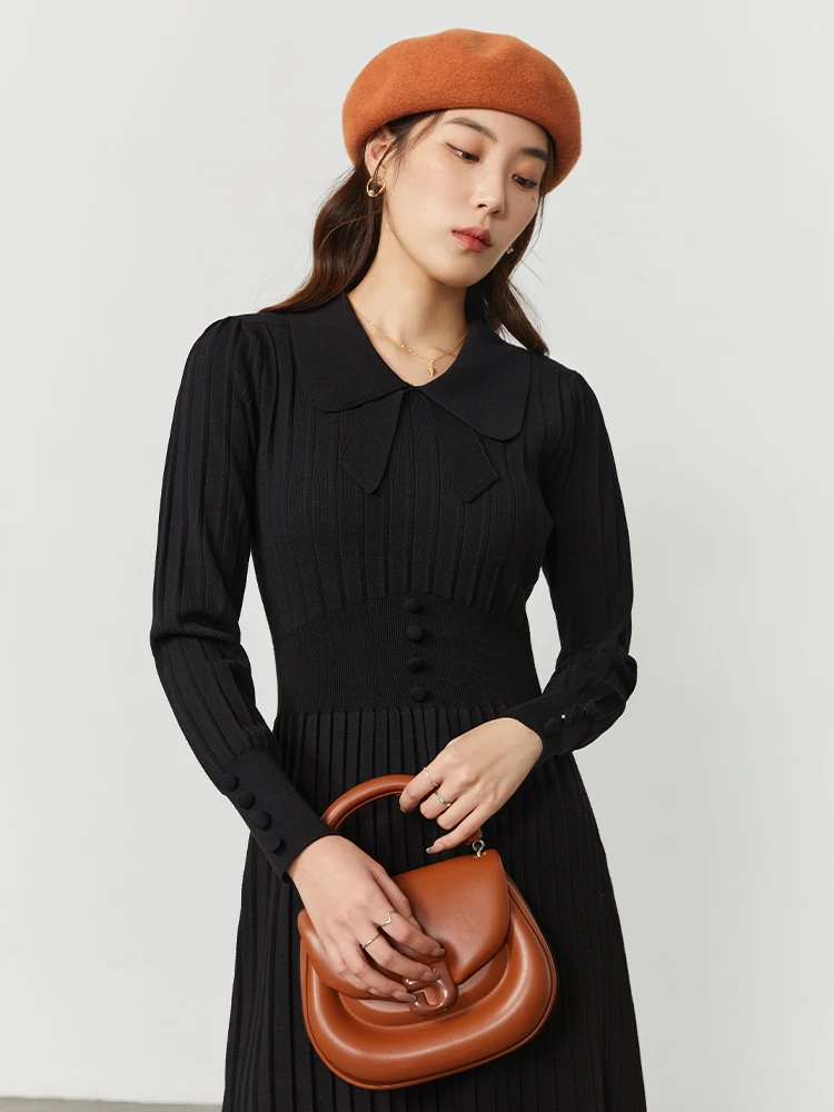 DUSHU Gentle Butterfly Neck Women Winter Knit Dress Pleated Design Slim A-LINE Skirts Temperament Black Office Lady Women Dress