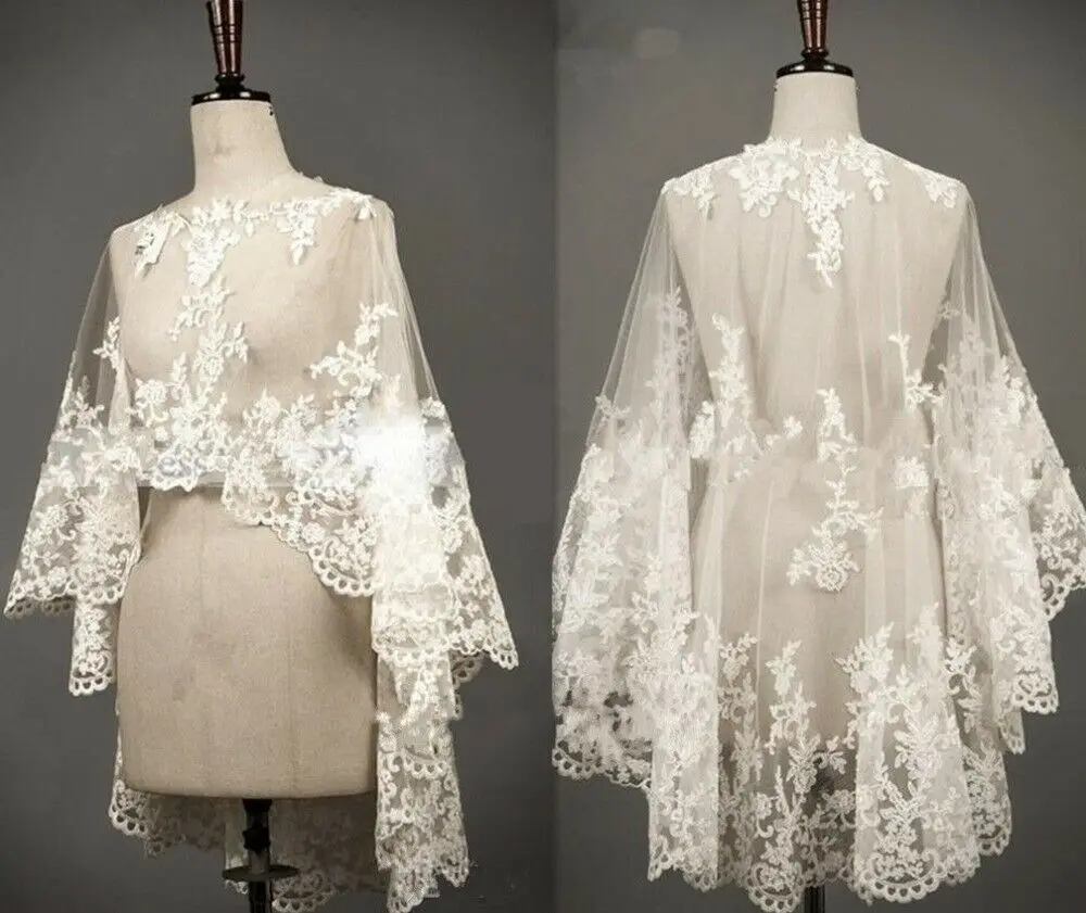 

Wedding Cape Lace Hem Bridal Jackets Elegant Shawl White Ivory Shrugs For Bride Appliques Bride Wrap