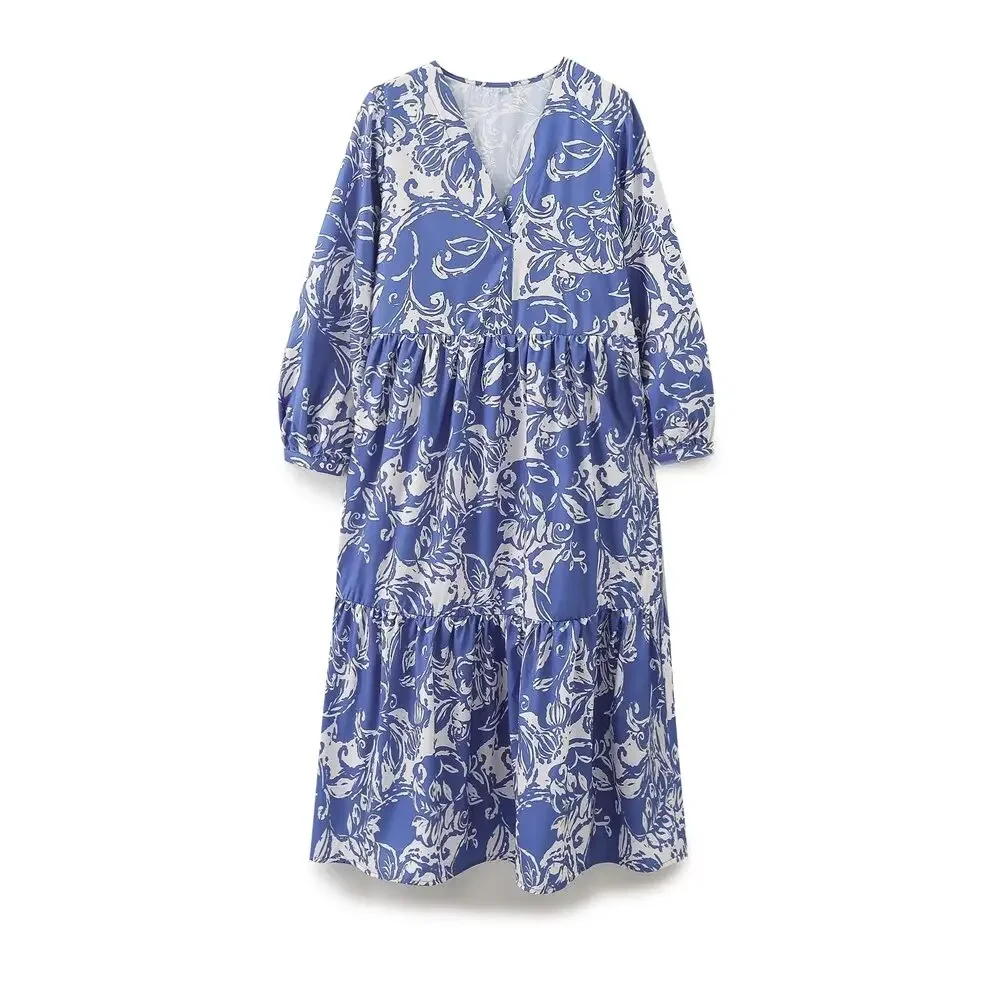 Vestido Midi plisado con estampado Floral para mujer, traje elástico Vintage con mangas abullonadas, moda elegante, novedad de 2024