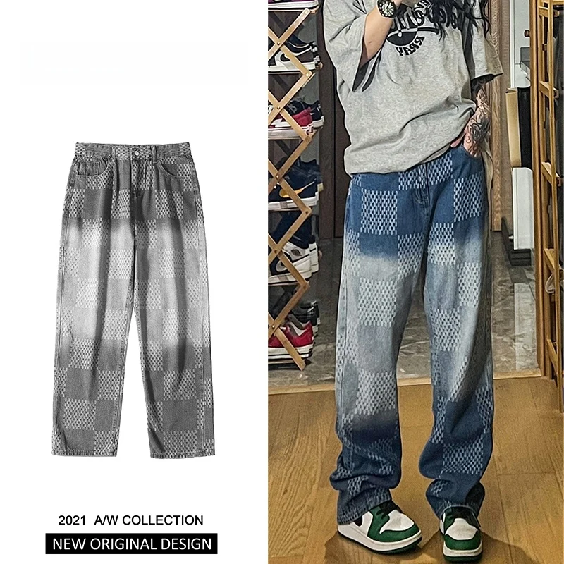 

Trendy Summer Thin Plaid Jeans Men's Faionable Straight Leg Cotton Polyester Blend Wear Resistant mid Low Waist Zipper Fly