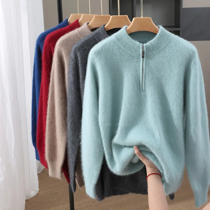 

Autumn And Winter Mink Wool Sweater Men's Half-High-Neck Zipper Thick Pullover Sweater Business Casual Knitting Bottoming Shirt
