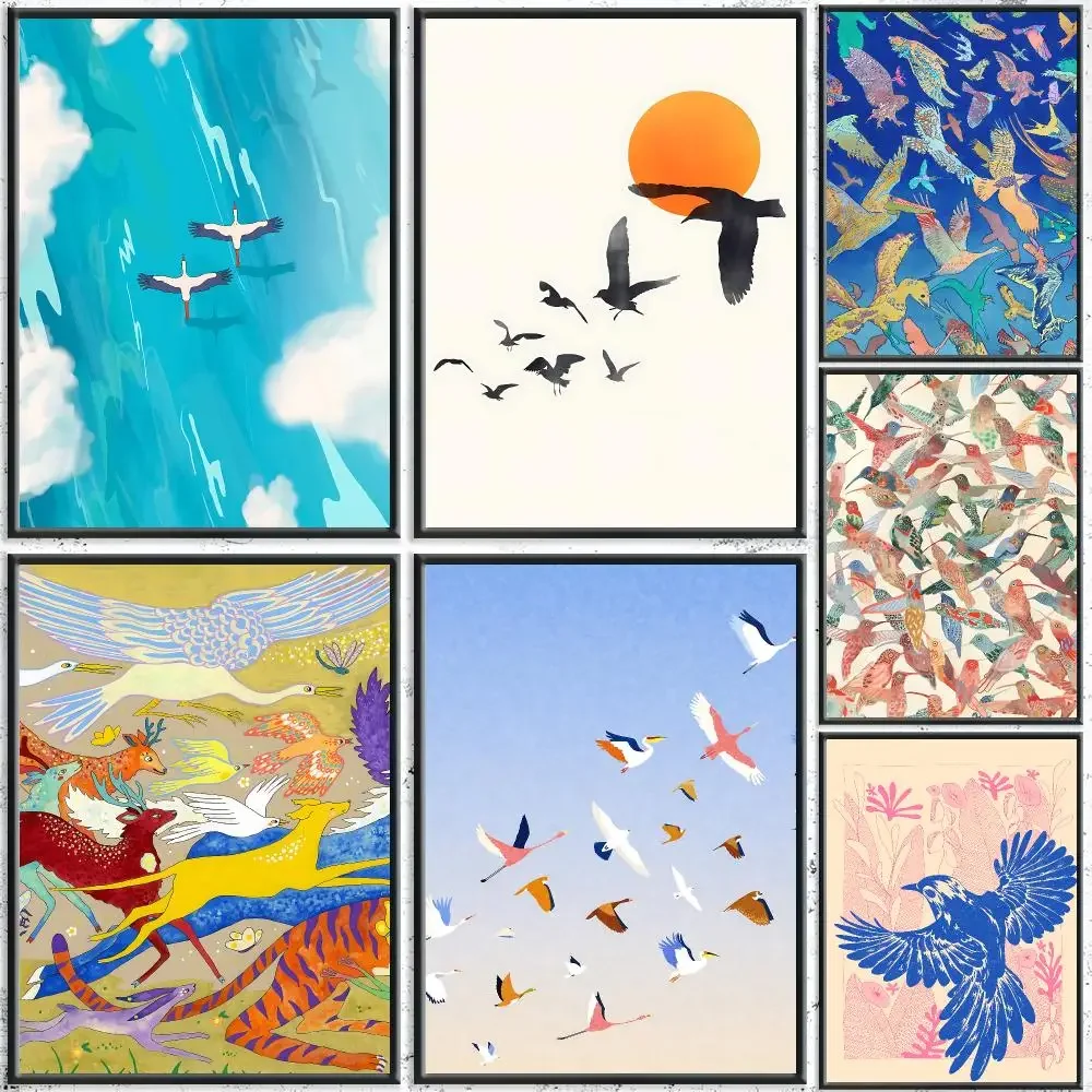 Aesthetic Art Print Colorful Birds in Flight Painting Calligraphy HD Canvas Poster Crease Free Waterproof All Space Wall Decor
