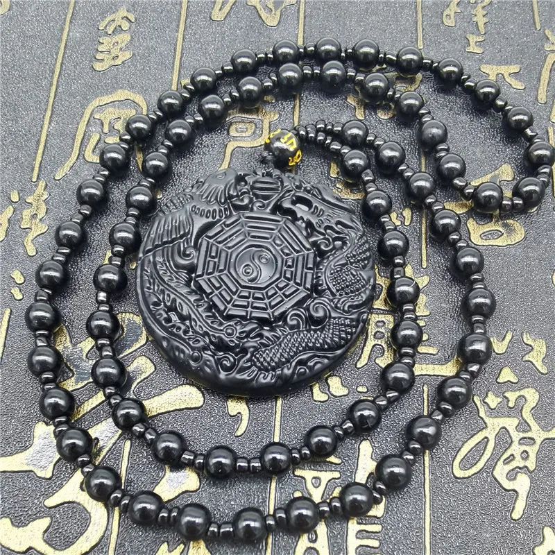 Black Obsidian Chinese Philosophy Taoist Symbol Taichi Yoga Necklace Eight Diagrams Yin Yang Amulet Pendant Jewelry