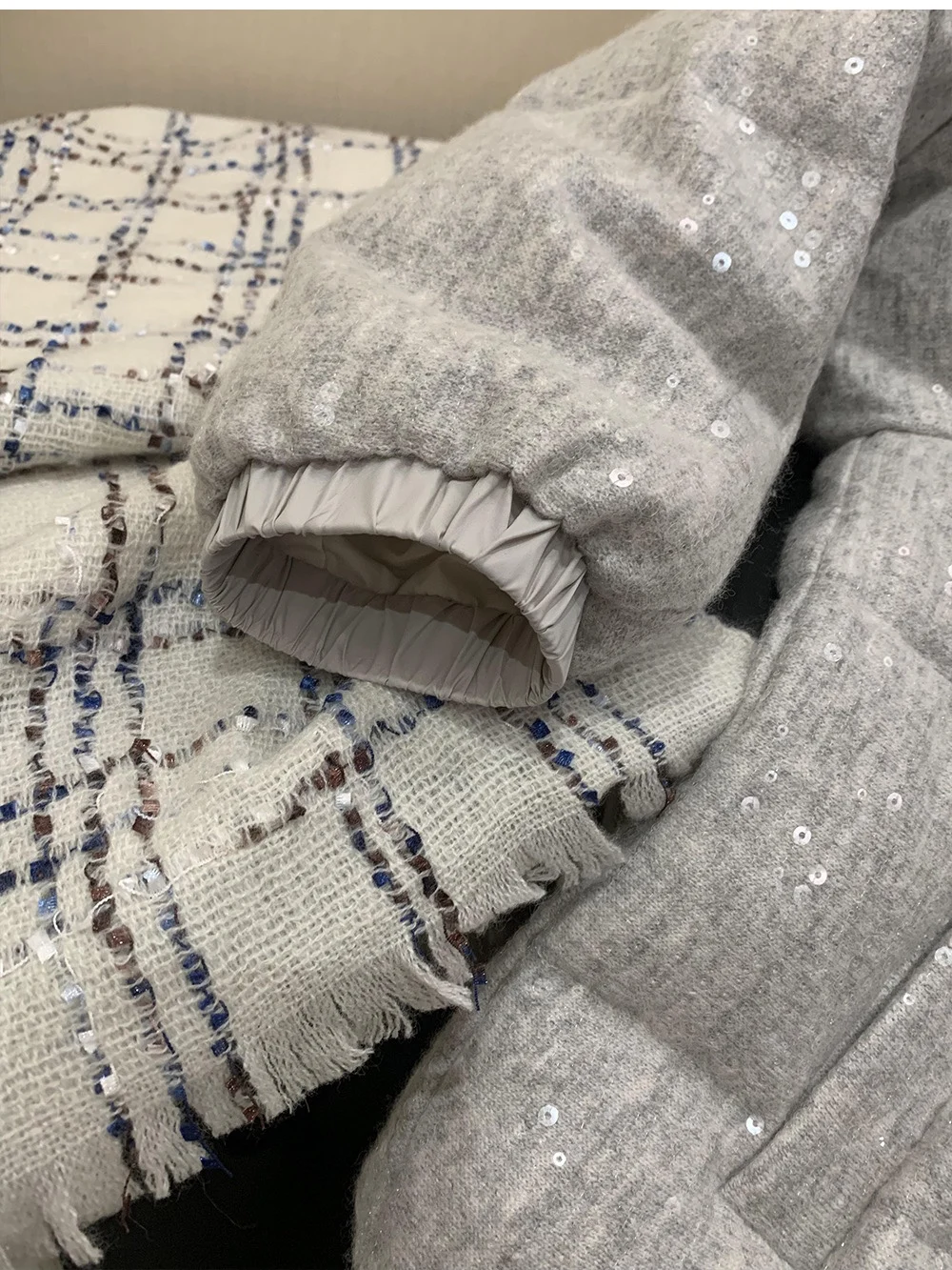 Heavy Sequined Cashmere Knitted Goose Down Jacket For Women With Hood, All-Match, Loose, Light And Warm Down Jacket