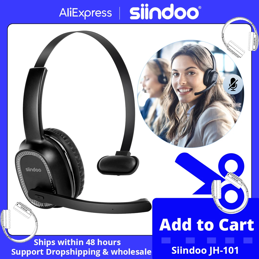 

Siindoo JH-101 Wireless Call Center Headset with Mic Noise Canceling Headphones with 50H Talking Time For Office Work, Video