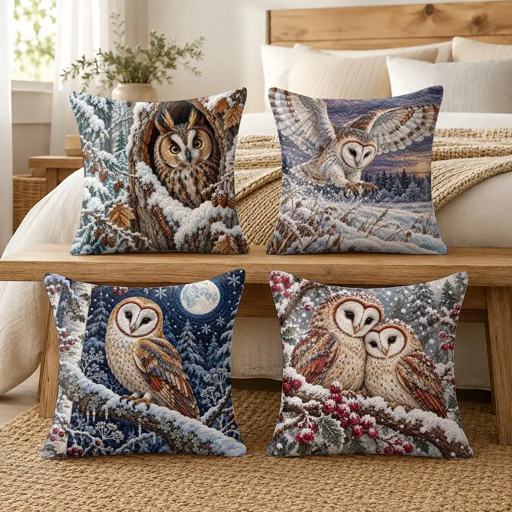 Winter Woodland Barn Owl Folk Art Cushion Cover Soft Pillow Cases Hidden Zipper Cutecore Sofa Bedroom Home Decor Gift