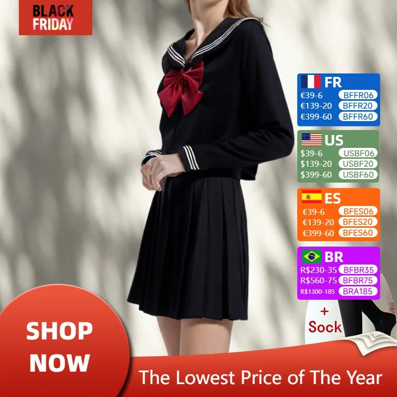 Japanese School Uniform Girls Jk Long Sleeve Suits Red Bow Tie Black Three Basic Sailor Uniform Women Clothes