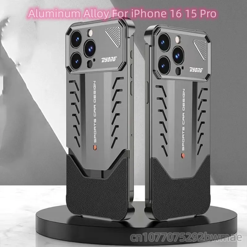 Aluminum Alloy + Nappa Leather Phone Case For iPhone 16 15Pro 14 13 12Pro Max Frameless Metal Supercar Elements Protective Case