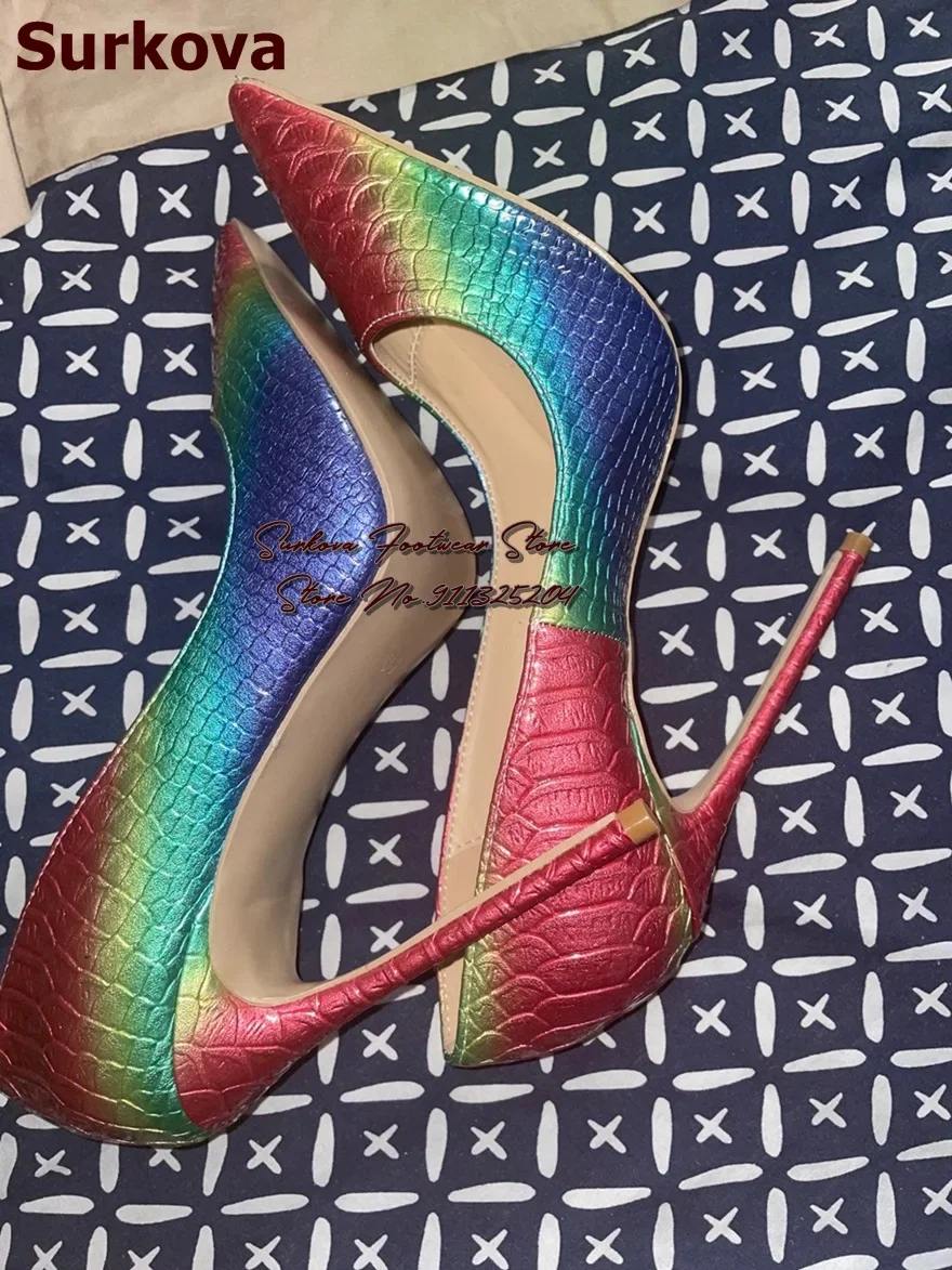 Surkova Sexy Gradient Color Snakeskin High Heel Shoes Red Green Blue Color Patchwork Python 12cm Dress Pumps Size45 Dropship