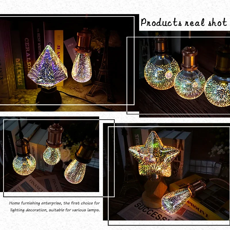 Decoração 3D Lâmpada LED Edison, Lâmpada Vintage Star Fireworks, Luz de Noite de Férias, Ampola de Iluminação, AC 110V, 220V, E27