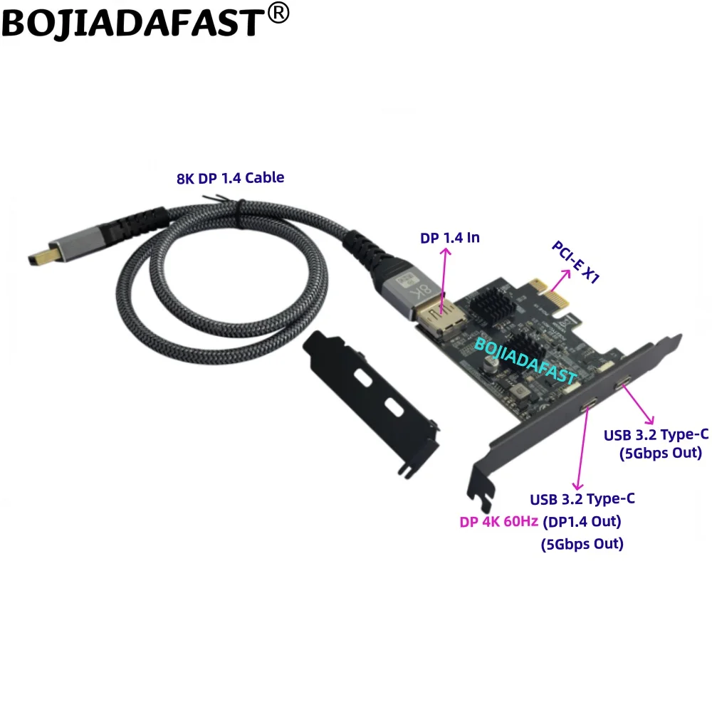 PCIe X1 PCI-E 1X to 2 * USB 3.2 Type-C (5Gbps) + DP 1.4 in Port Adapter Expansion Riser Card with 8K DP Extension Cable