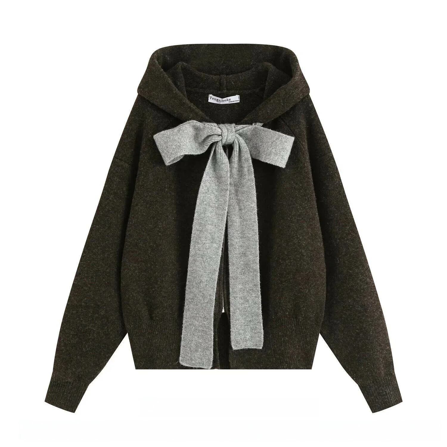 Autumn 2026 Casual Women's Knitted Long Sleeve Hoodie with  Knot Design Fashionable Open Cardigan Style Top