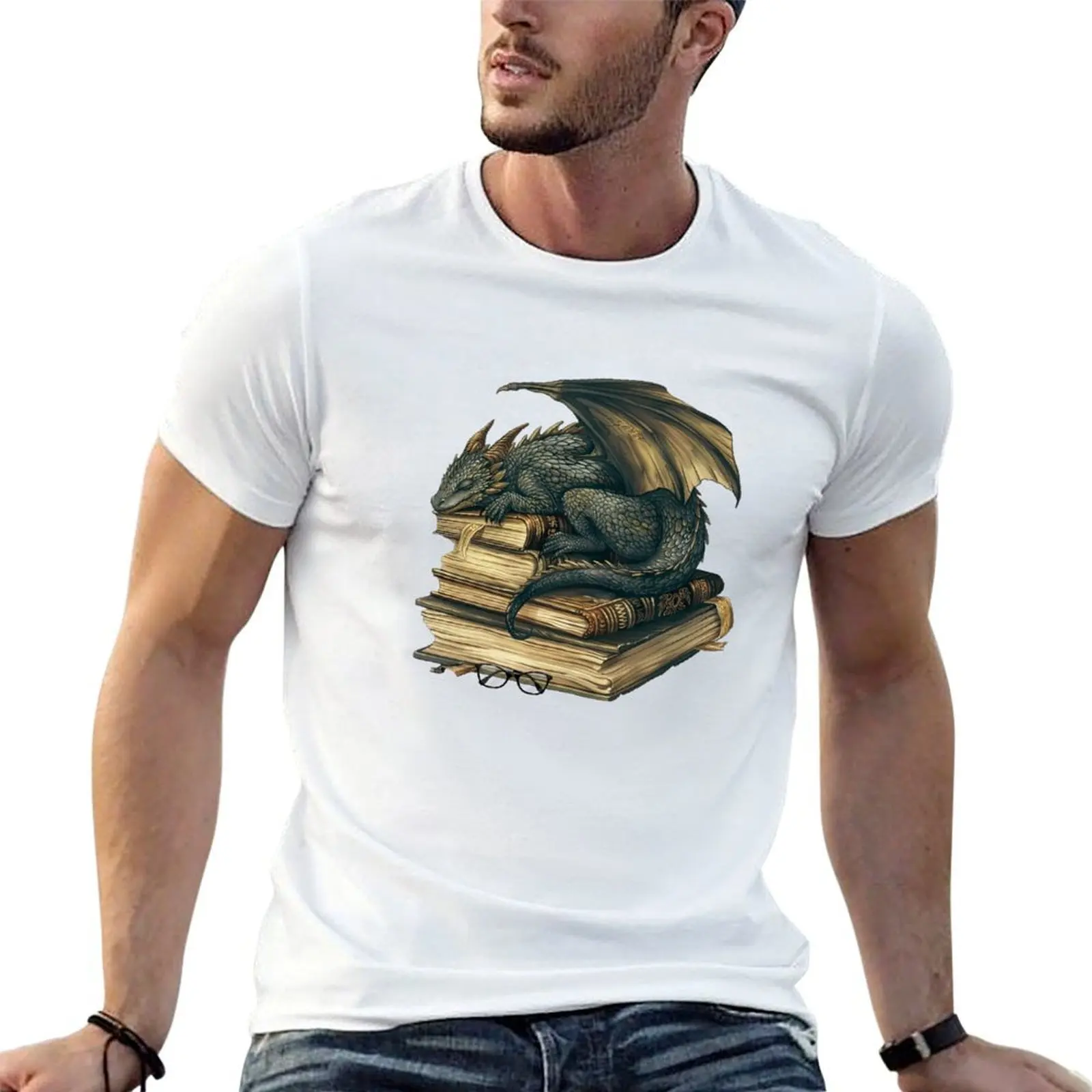 Green Dragon And Books T-Shirt summer shirt Short sleeve tee men t shirts high quality