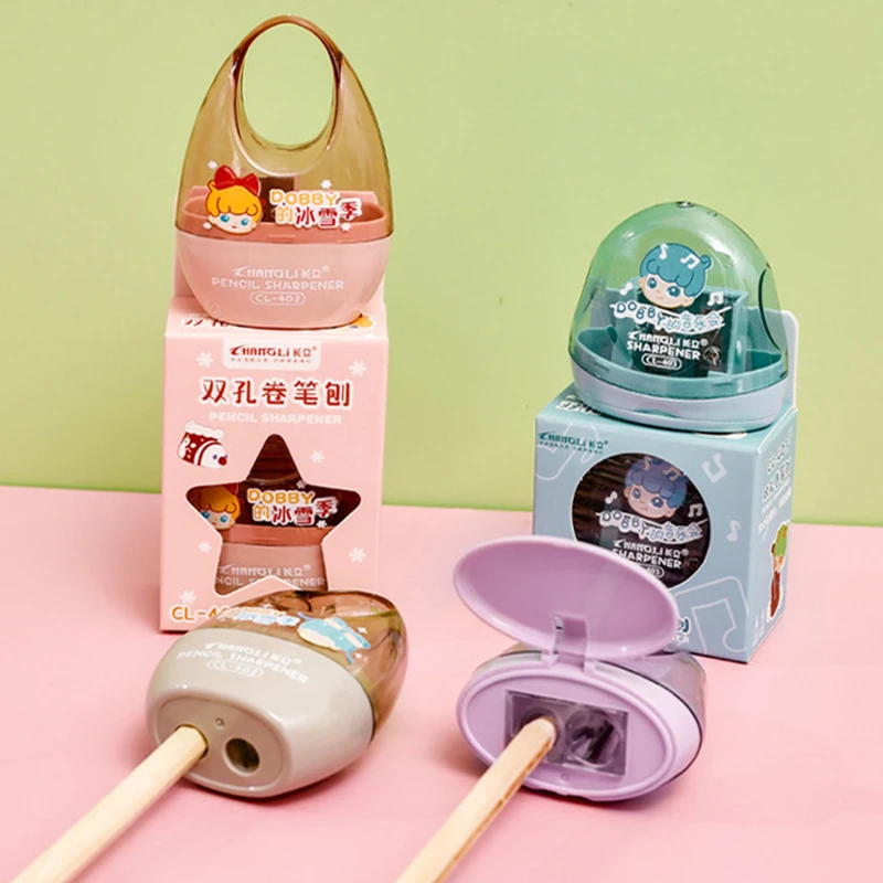 ที่เหลาดินสอสองรูน่ารักลายการ์ตูนสุดสร้างสรรค์1ชิ้นเครื่องเหลาดินสอขนาดเล็กอเนกประสงค์อุปกรณ์เครื่องเขียนสำหรับนักเรียน