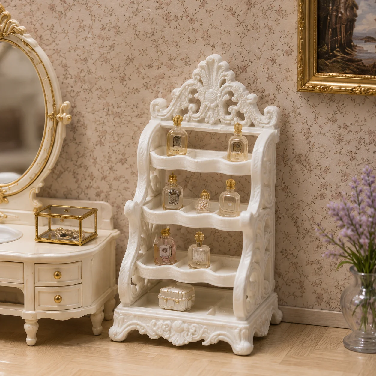 Miniature carved shelves, four-layer compartmentalized storage rack, dollhouse entrance furniture decorative accessories. view 4