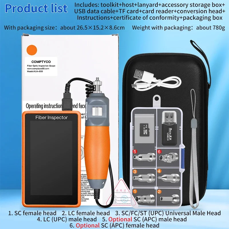 COMPTYCO AUA-600 Glasvezelreiniger 400X Glasvezelmicroscoop 5-inch HD Touchscreen Inspectiesonde Fiber End Face Detector