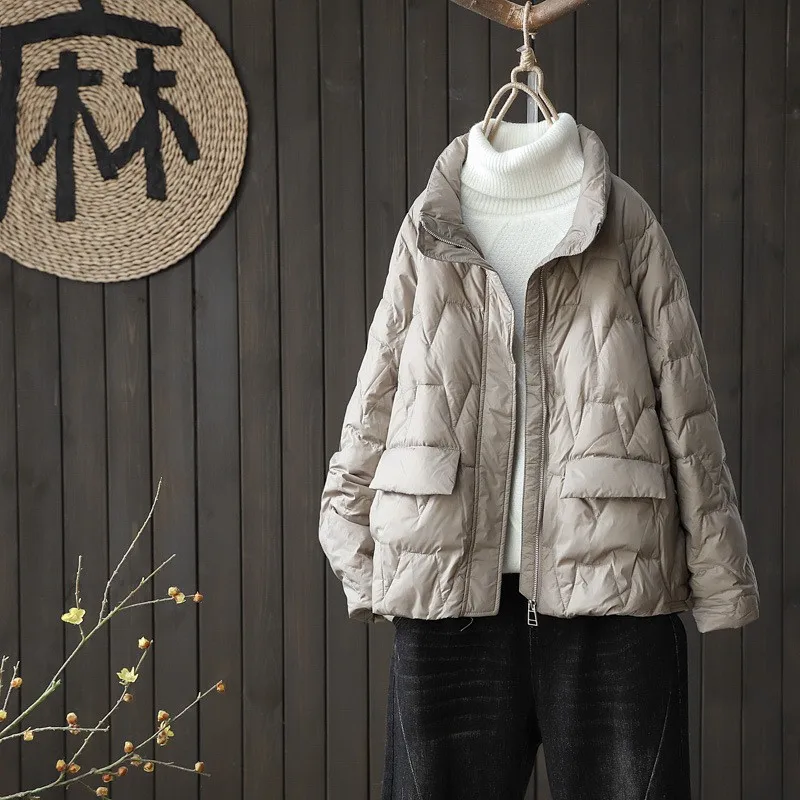 Loose Fit Coat Stand Collar Cropped Casual with Zipper Front Medium Thickness Long Sleeves Women Commuter Style Puffer Jacket