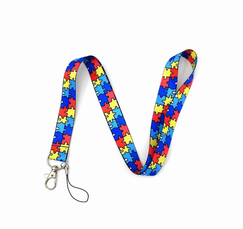 Autism Puzzle Building Block Card Sleeve Animation Lanyard Card Sleeve Key Chain Long Mobile Phone Rope