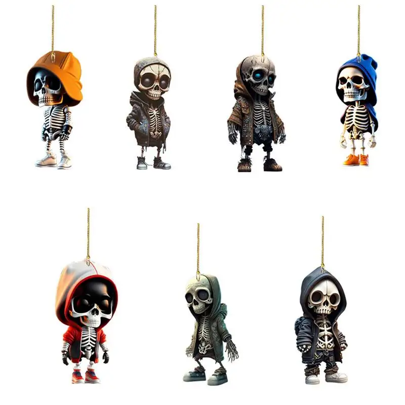 Skeleton Swing Car Ornament Acrylic Skeleton Figurines Pendant Rearview Mirror Decor Halloween Decorative Pendant for Home