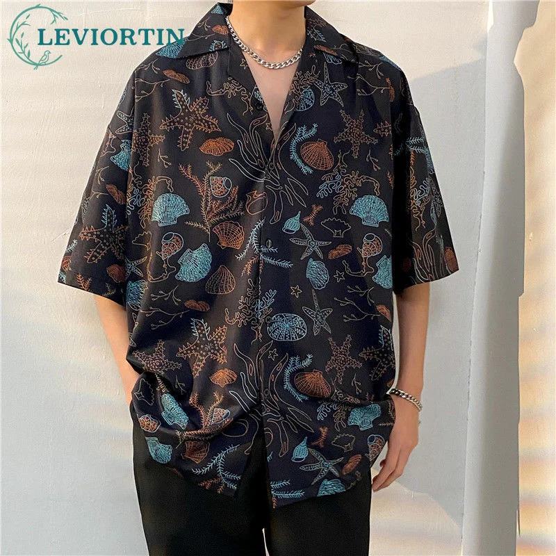 Hip Hop Flowering Blouse Shirt Men's Summer Loose Thin Print Beach Casual Print Short Sleeve Shirts for Man