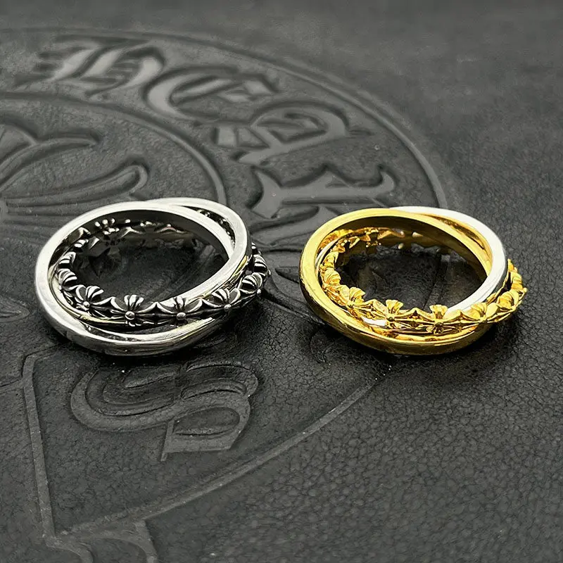 

S925 sterling silver retro gold three rings classic ring gold men and women cross flower stacked ring pair ring