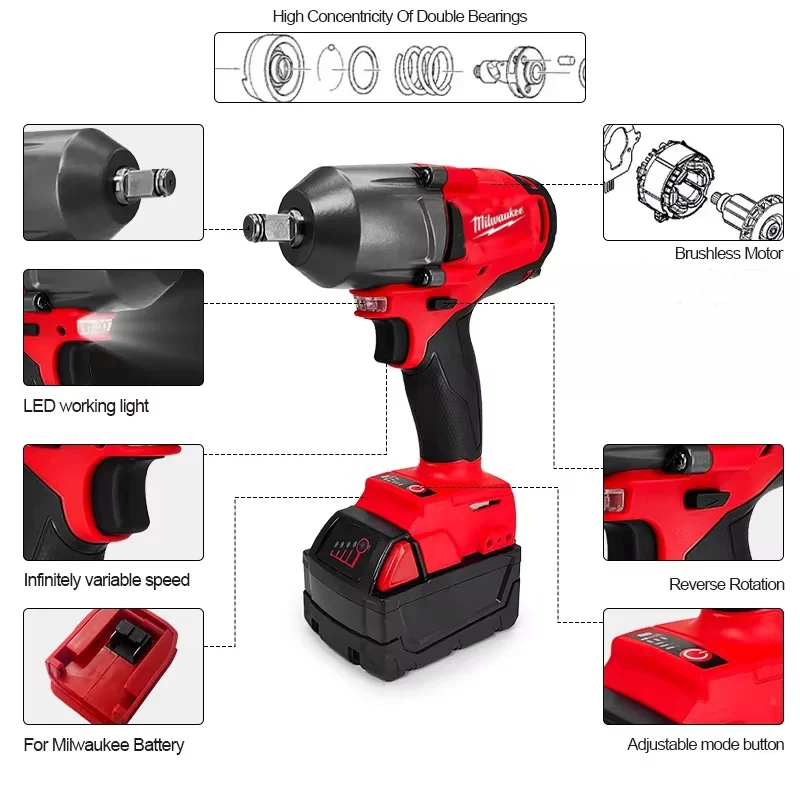 Milwaukee 1300N.m Large Torque Brushless Electric Wrench Cordless High Speed Car Truck Repair Power Tool For 18V Lithium Battery