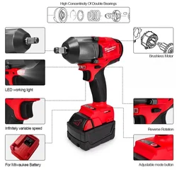 Milwaukee 1300N.m Large Torque Brushless Electric Wrench Cordless High Speed Car Truck Repair Power Tool For 18V Lithium Battery