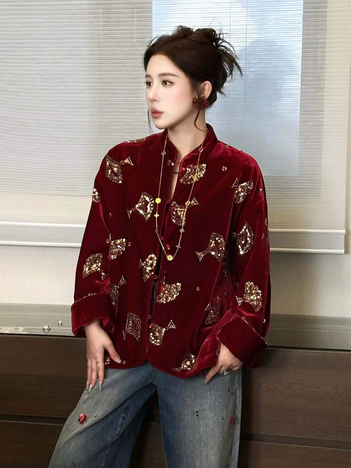 

Faionable New Chinese Sle Heavy Beaded Outerwear Women's Slimming Jaet G.yantong WT33 Silk Long Sve Stand Collar