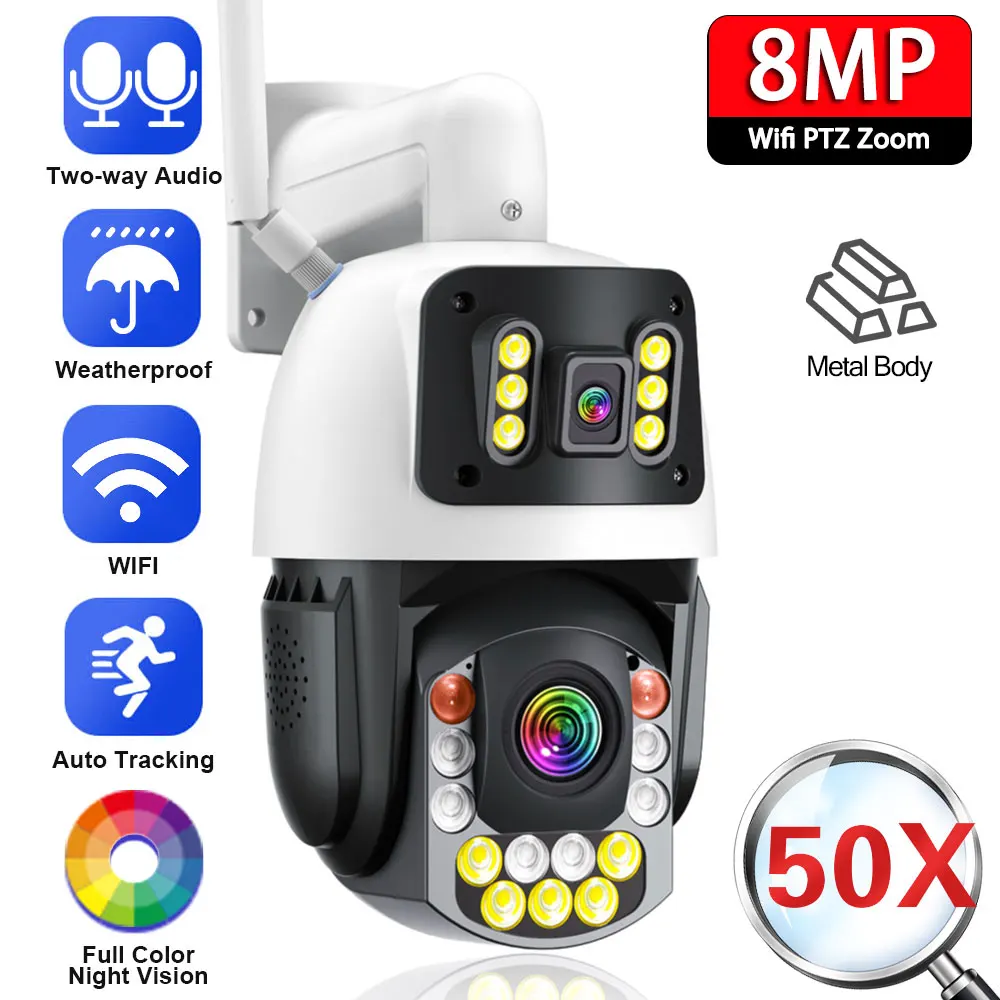 

Optical PTZ 50X WiFi Surveillance Camera 8MP 4K Two Screen Metal Shell Outdoor Wireless 360° Security IP Camera Smart Home iCSee