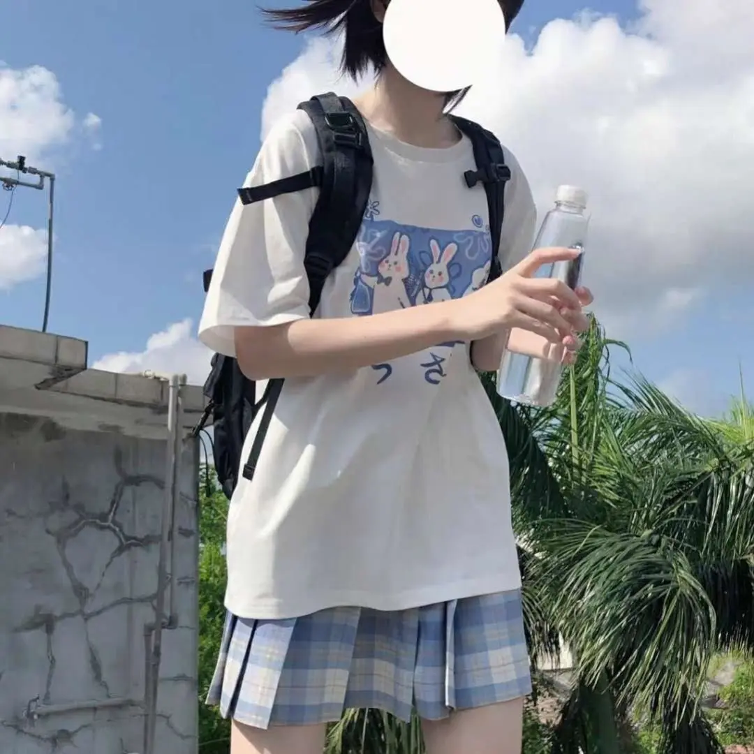 ملابس نسائية كورية أنيقة غير رسمية قميص موهير هاراجوكو مطبوع عليها صورة أرنب لطيف كاواي ملابس للخروجات اليومية للصيف