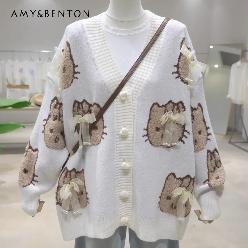 

Age-Reducing Cartoon Bowknot Flocking Single-Breasted Long-Sleeves Top Sweater Autumn Loose V-Neck Thickened Warm knitwear Coat