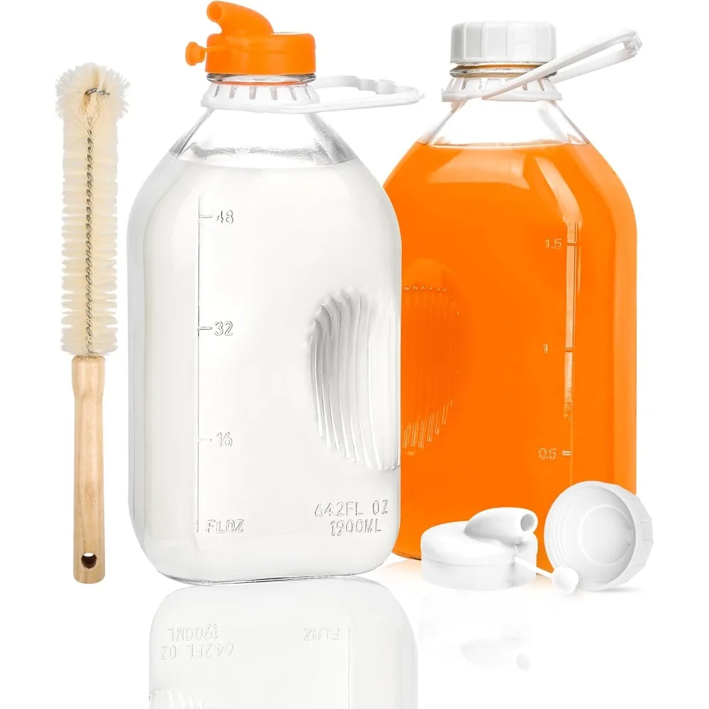 

2QT Glass Milk Bottles with Lid 2 Pack 64 oz Heavy Duty Glass Jug Reusable Airtight Screw Lid for Juice Water Oat Plant Milks