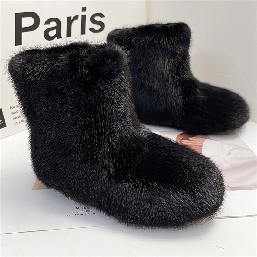 

New Women's Boots For 2022. Real Luxury Mink Fur Winter Shoes. Rubber Flat Outdoor Warm Cotton Boots. Color Can Be Customized