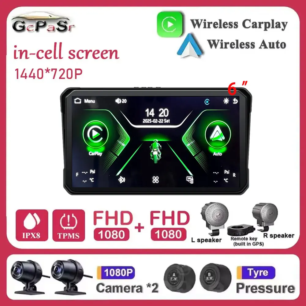 

Android Auto For Motorcycle 6'' Touch Screen With GPS TMPS Waterproof Wireless Carplay Anti-shake Night Version Cameras Video