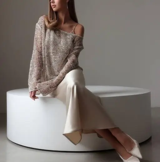 

Fashionable Urban Casual Hollow Loose Pullover with Sequined Top, Elegant Women's Slanted Neck See Through Cover Up